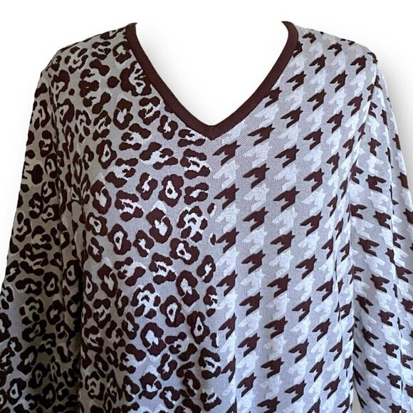 Chicos Womens Tunic Sweater Sz 2 12 14 Large Brown Animal Print Houndstooth - Picture 3 of 7